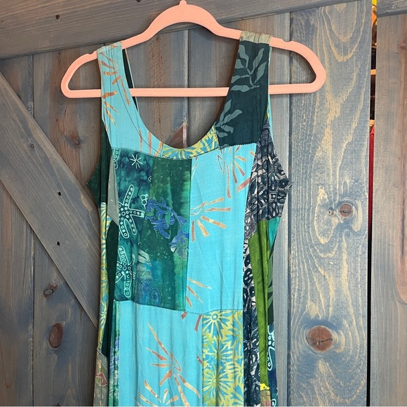 90s Hippie Blue Green Boho Maxi Sundress with Scoop Neck Size Small Rayon - Picture 3 of 9